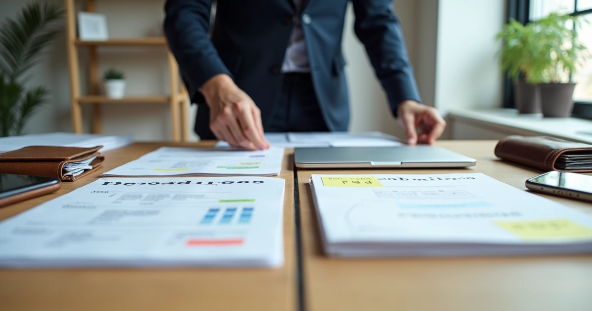 Mesa com dois conjuntos separados de documentos financeiros empresariais e pessoais organizados por um profissional de finanças