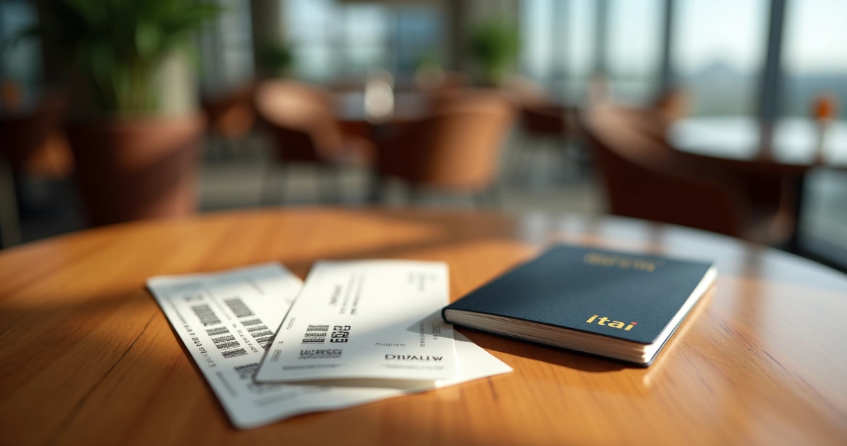 Cartão de crédito Infinite Privilege sobre mesa com passaporte e bilhetes de viagem 
