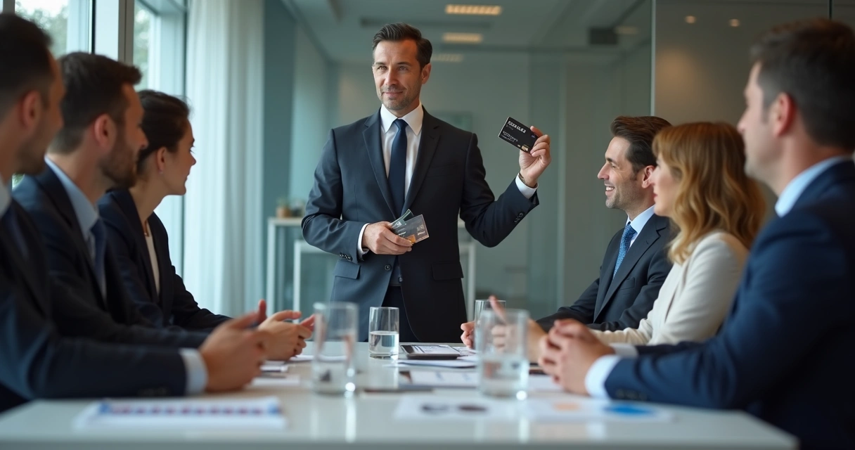 Executivo apresentando cartões premium em reunião formal 