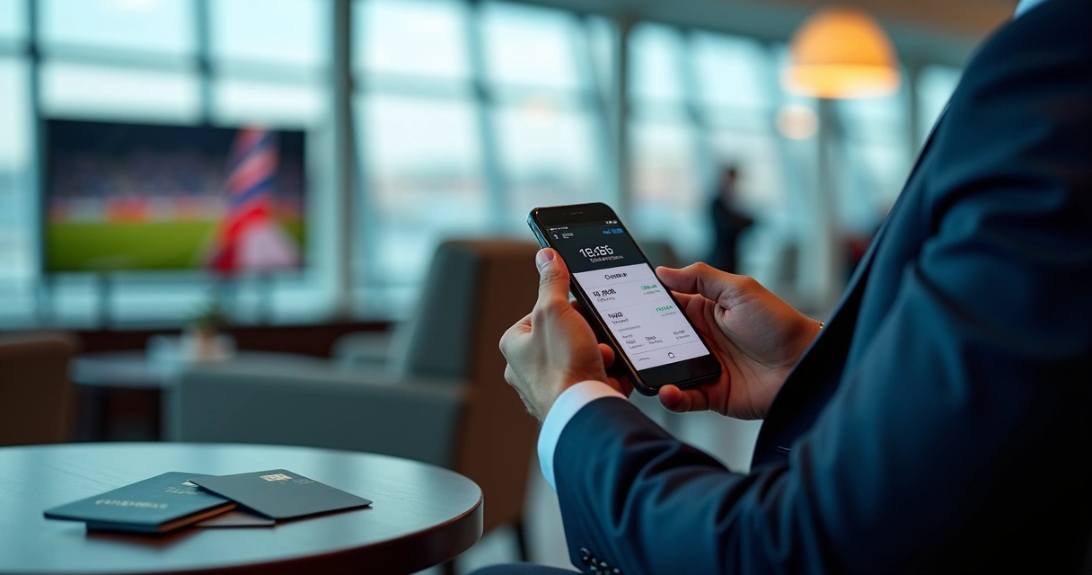 Executivo em lounge de aeroporto dos EUA conferindo cartões de viagem no celular
