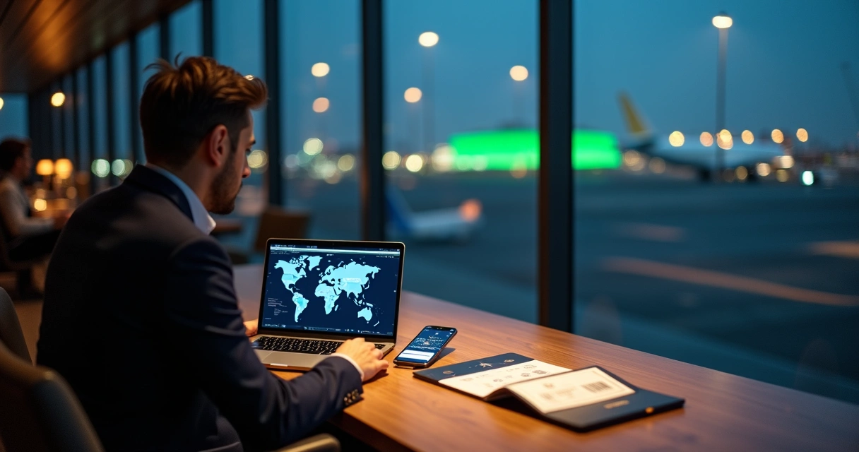 Executivo em lounge de aeroporto planejando viagem para cidades da Copa do Mundo 2026