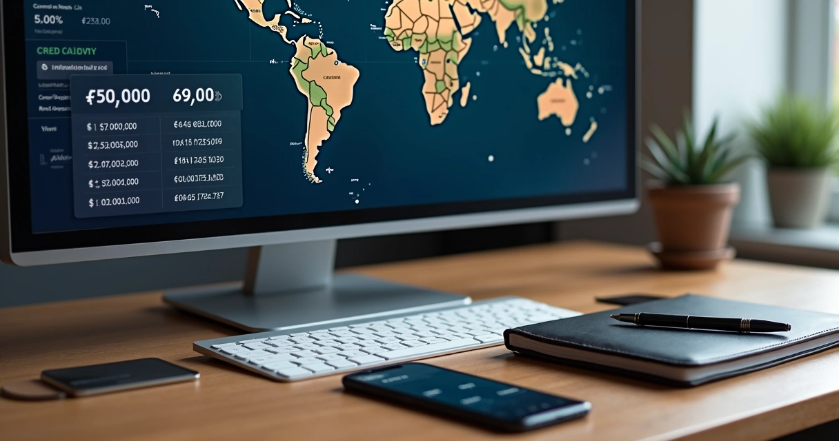 Tela de computador com gráficos financeiros internacionais e lista de cartões virtuais