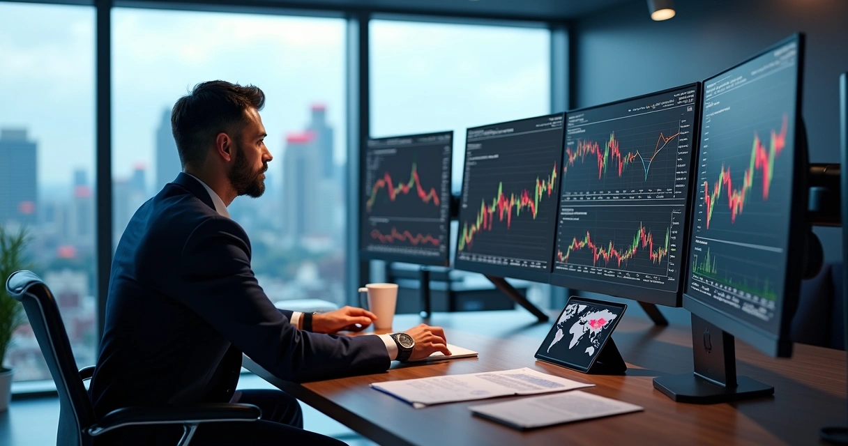 Representação visual de empresário analisando gráficos financeiros em uma mesa moderna 