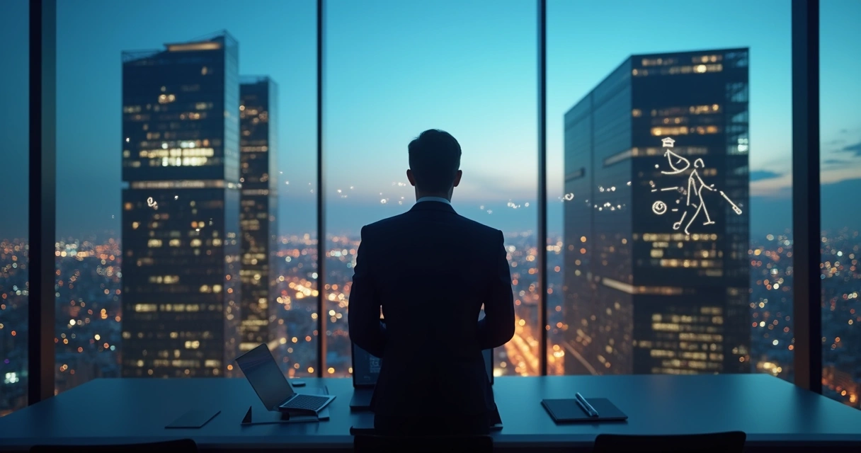 Empresário observando dois prédios interligados representando finanças PJ e PF