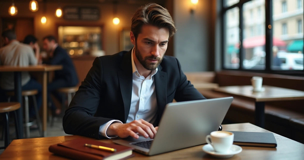 Empresário usando laptop em cafeteria com expressão de satisfação