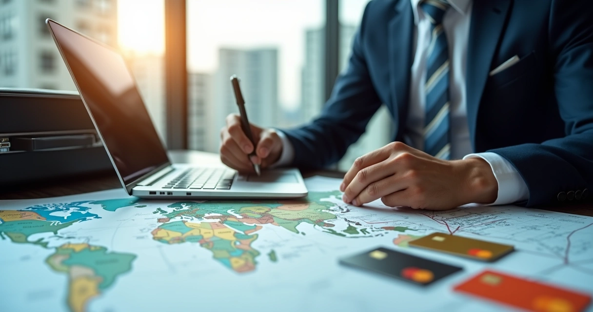 Executivo analisando rota de viagem com cartões internacionais e laptop sobre a mesa