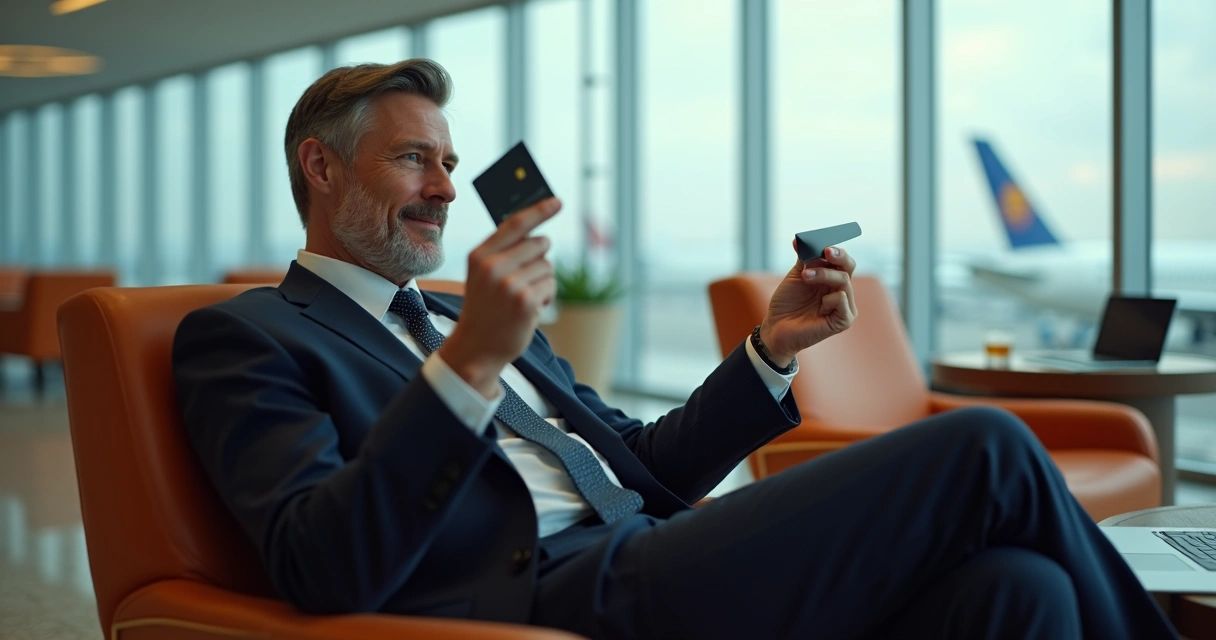Empresário em sala VIP de aeroporto revisando os benefícios do cartão premium em 2026