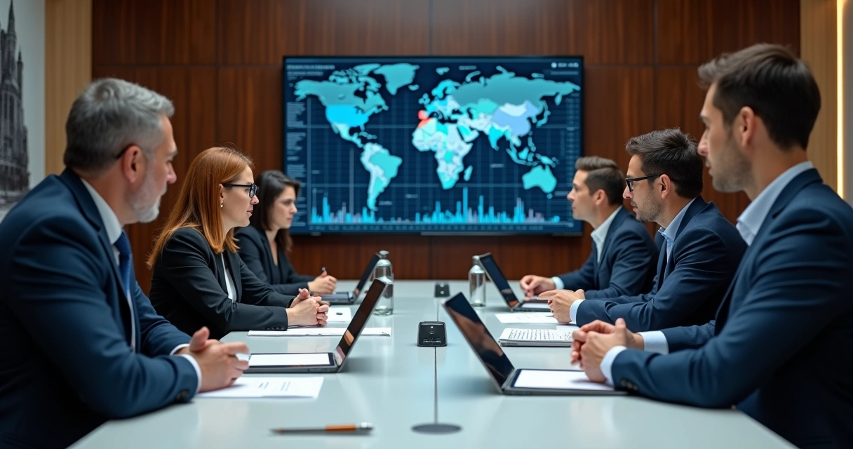Grupo de especialistas analisando gráficos financeiros em sala de reunião elegante 