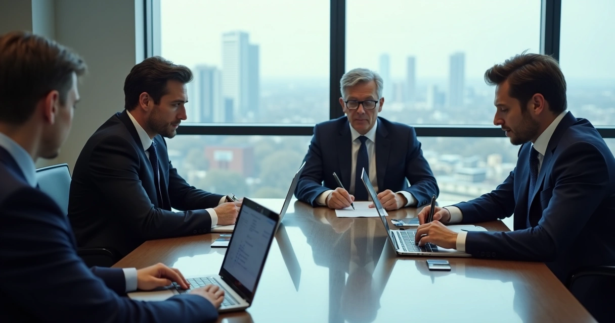 Executivos discutindo estratégias com cartões sobre a mesa 