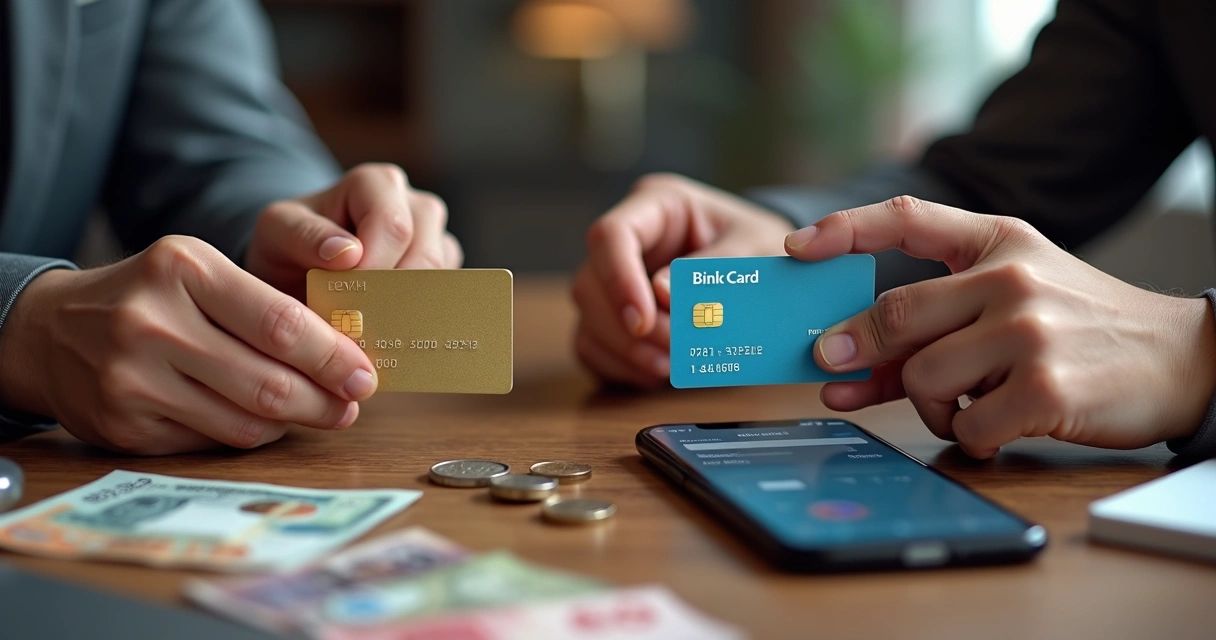 Duas mãos segurando cartões de bancos diferentes, um tradicional e outro digital, dispostos lado a lado sobre uma mesa com moedas de diversos países ao redor
