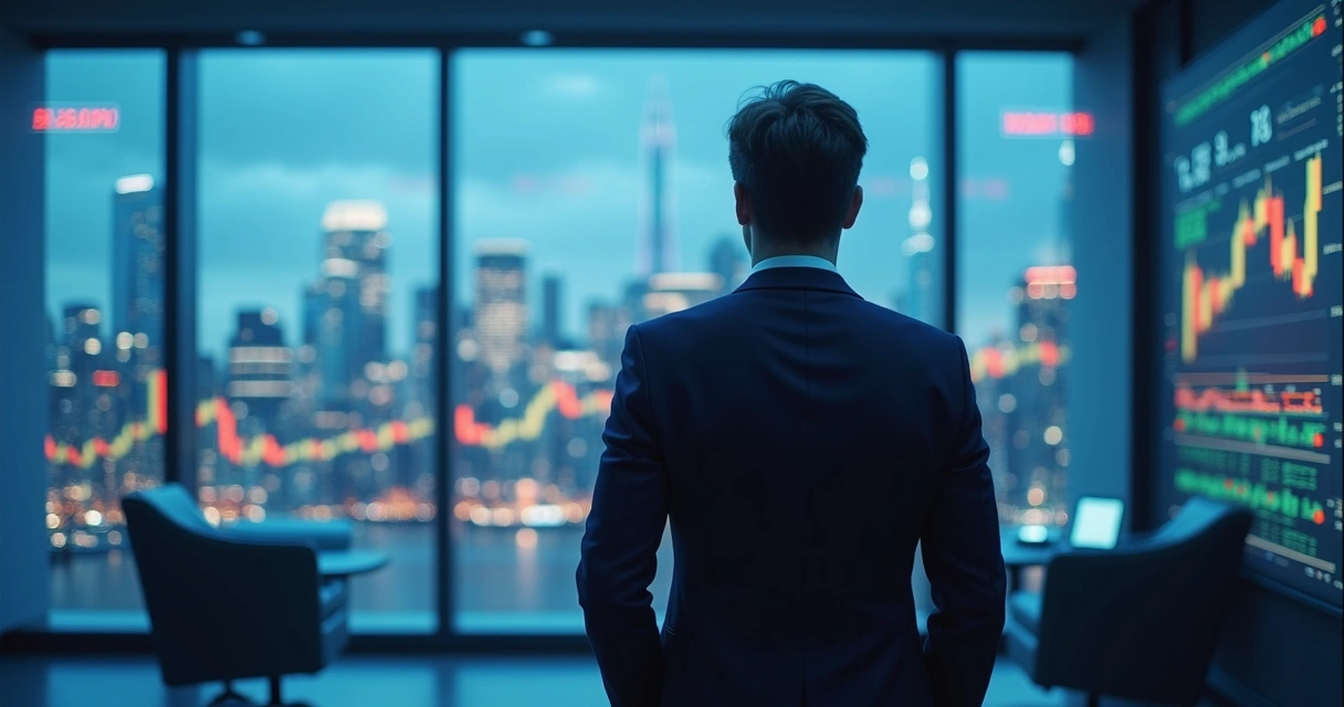 Homem de negócios analisando gráficos financeiros em tela digital com cityscape ao fundo 