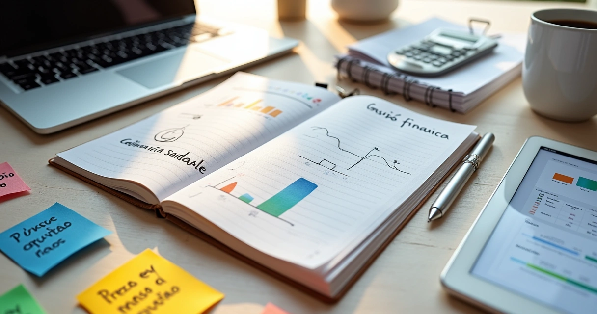 Mesa com caderno de finanças e gráficos coloridos de gestão financeira saudável