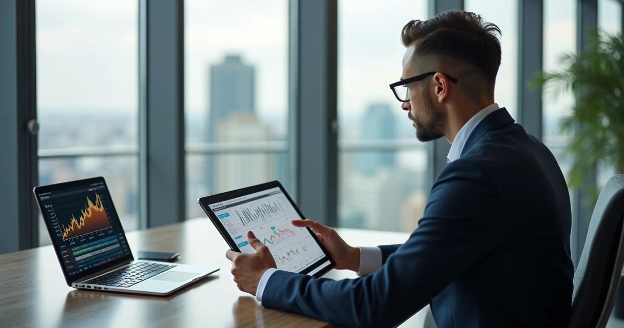 Executivo analisando informações patrimoniais em dispositivos digitais 