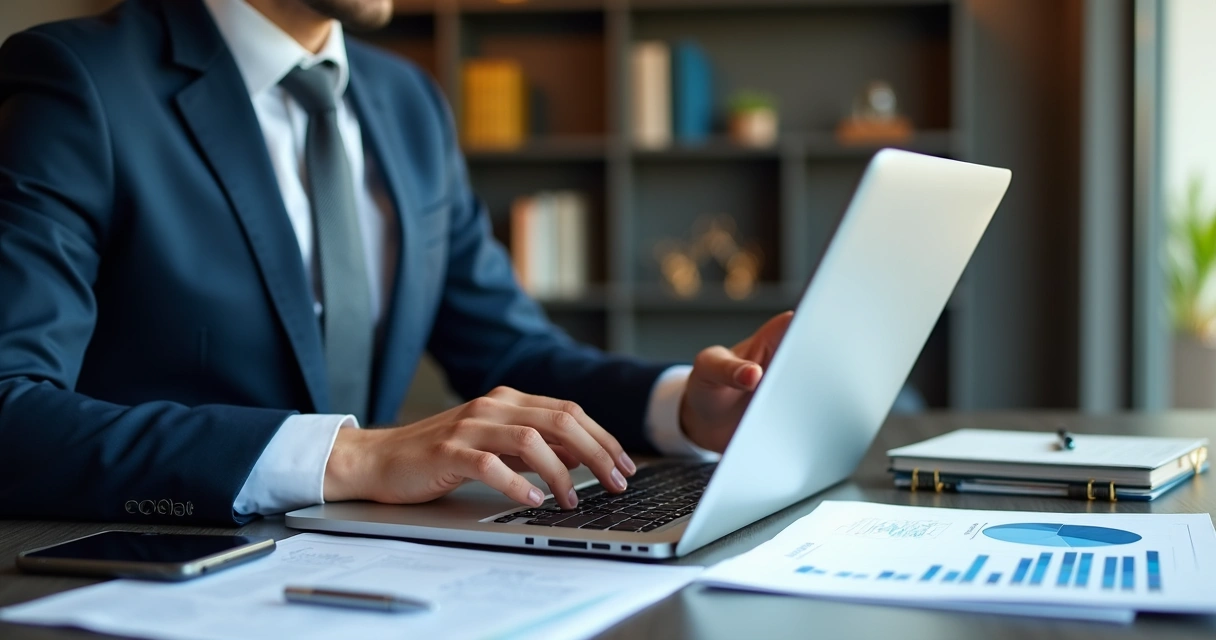 Empresário analisando gráficos financeiros na mesa 