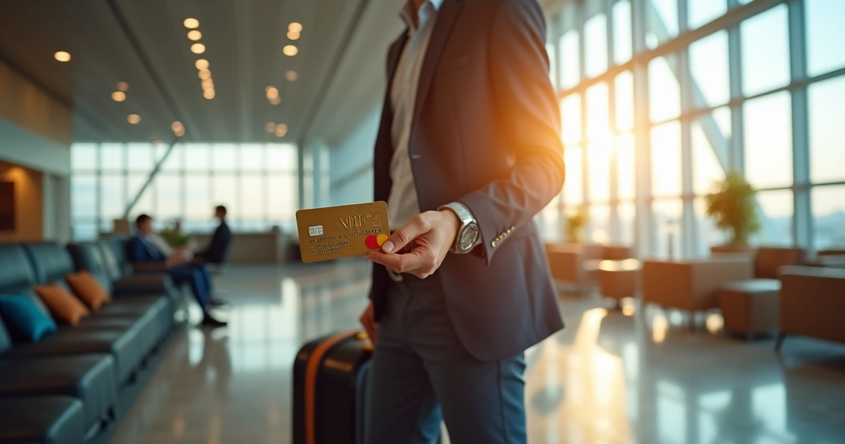 Pessoa segurando cartão internacional em sala VIP de aeroporto 